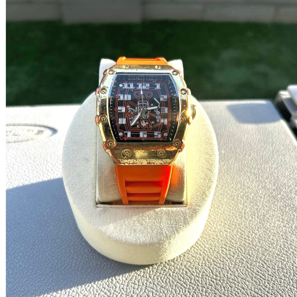 Montres Carlo Tonneau Style Watch Orange Silicone Strap Needs Battery